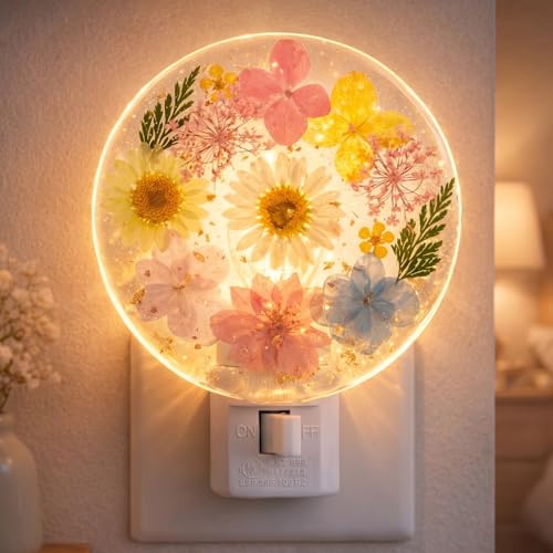 Image of Glooglitter Pressed Flower Night Light Plug in-Handmade Dried Floral Wall Night Light, Soft Glow Decorative Nightlight for Hallway Bedroom Nursery Bathroom, Vintage Botanical(Fresh Color,Flower)