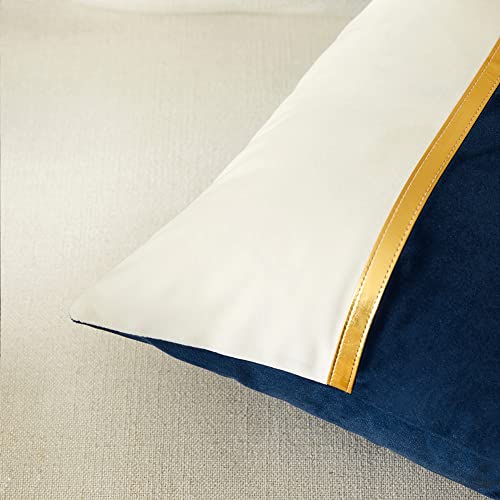 Fancy Homi 2 Packs Navy Decorative Throw Pillow Covers 18X18 Inch For Living Room Couch Bed, Velvet Patchwork With Gold Leather, Luxury Modern Farmhouse Home Decor, Accent Cushion Case 45X45 Cm #TOP3