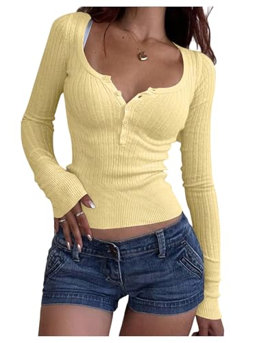 GORGLITTER Women's Lightweight Cropped Sweater Button Up Long Sleeve Scoop Neck Slim Knit Fall Trendy Pullover Tops