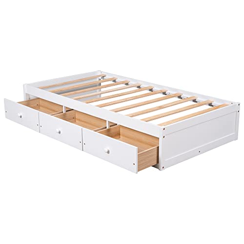 Softsea White Twin Bed Frame With Storage Drawers, Wood Twin Platform Bed Frame With Storage And Wood Slat Support/No Box Spring Needed For Bedroom Living Room(White) #TOP2