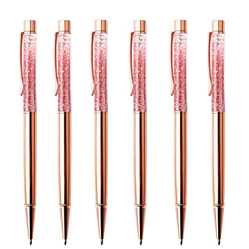 Herisa 6 Pcs Rose Gold Ballpoint Pens,Metal Pen Refills Bling Dynamic Liquid Sand Pen Office Supplies and School Desk Accessories,6Extra Refills