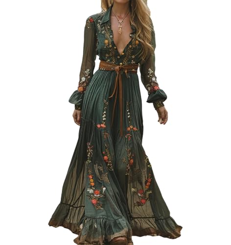 Verde,M,Vestido Largo con Flores Estilo Pastoral Vintage para Mujer, Vestido Vaquero Sexy De Manga Larga con Cuello En V, Vestido Largo Informal De Otoño