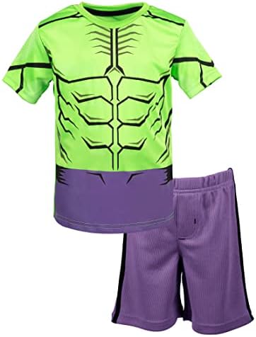Marvel Avengers Hulk Toddler Boys' Athletic T-Shirt & Mesh Shorts Set, Green/Purple (4T)