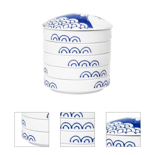 Paleta de acuarelas cerámica azul redonda con tapa bandeja de pintura de 5 niveles para dibujo 5