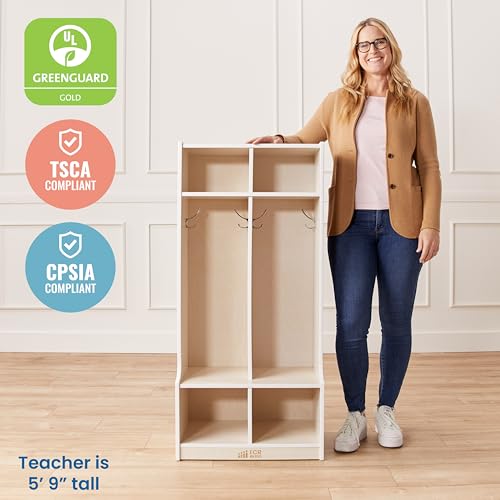 Image of ECR4Kids 2-Section Coat Locker with Bench and Cubby Storage, Classroom Furniture, White Wash