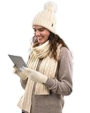 FURTALK Winter Mütze, Schal & Handschuh-Sets für Damen Fleece Gefüttert Strickmütze mit Bommel Beanie Pudelmütze Warm Wintermütze Halswärmer Touchscreen Handschuhe 3 in 1 Set Beige