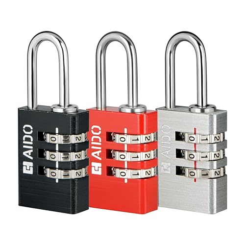 Image of AIDO by dormakaba Group 3-Digit Number Locks (Pack of 3)|20mm Combination Padlocks for Bag, Luggage, Sports Bag, Lockers & ToolBoxes| Water-Resistant|Hardened Shackle|2 Yr Warranty |Red, Black, Silver