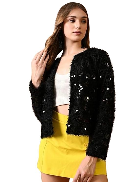 karma apparel Women Fur Sequins Shrug Style Jacket | Stylish Faux Fur Open Front Shrug for Women-picture-42
