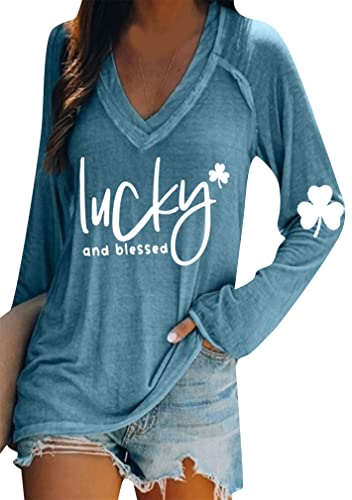 Image of BOFETA Women St Patricks Day Sweatshirts Loose Long Sleeve Shirts Green Shamrock Print Blouse Flowy Color Block Pullover Tops