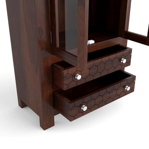 Image of Solid Sheesham Wood Bookshelf with Acrylic Glass Door & Storage Drawers | Rosewood Display Cabinet for Living Room & Office (Walnut Finish)