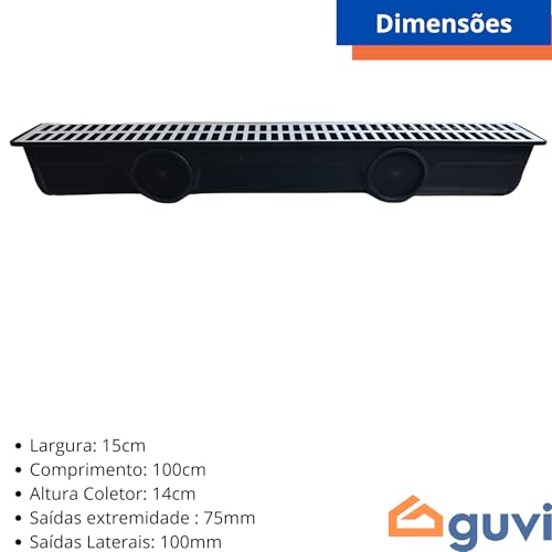 Ralo Linear 15x100 Grelha Alumínio Caixa coletora de Água pluvial 6 saídas anti inseto