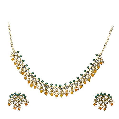 Abhika Creations Handmade Kundan Necklace Green And Orange Beads Handcrafted Indian Designer Bollywood Style Necklace Choker Set With Matching Earrings Kundan Necklace Set