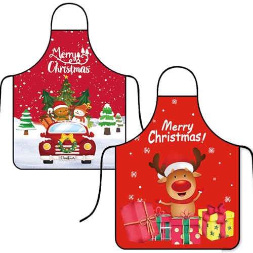 Qpout Pacote de 2 aventais de Natal para homens e mulheres, avental de Natal de árvore de neve de Pai Natal, avental de cozinha ajustável para jantar de Natal para festa de Natal, vermelha
