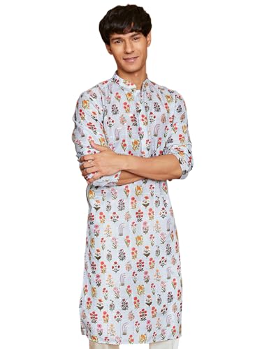 Vastramay Men's Aqua Silk Blend Kurta - This Men's Printed Kurta Showcases A Floral Print With Sequined, Creating A Bold And Stylish Look.
