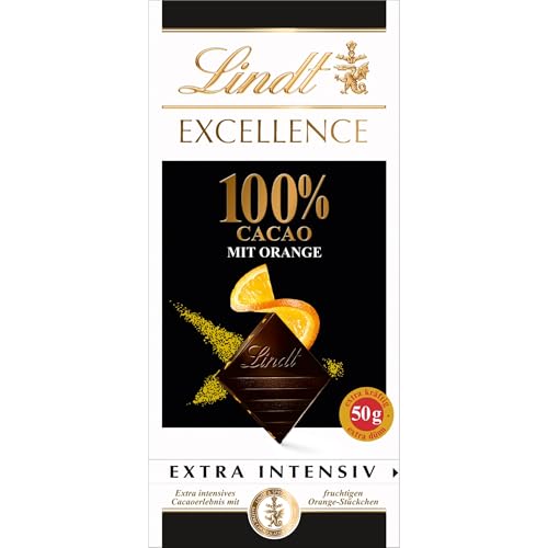 Lindt Schokolade | EXCELLENCE Tafel 100% mit Orange | 50g | extra dünne Zartbitter-Schokolade mit 100% Kakao und fruchtigen Orangestückchen | vegane Schokoladen-Tafel