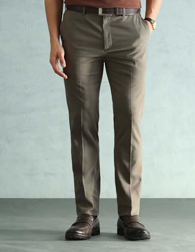 Image of Arrow Solid Super Slim Fit Formal Trousers for Men - Full Length Formal Pants for Men Office Wear