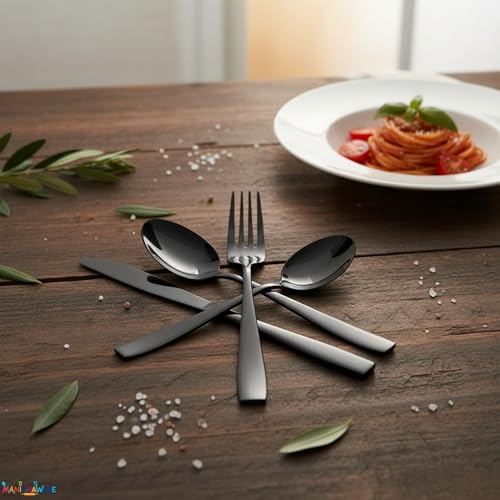 Image of Mirror Polished Black 16 Pcs Stainless Steel Cutlery Set for Dining Table, Dishwasher Safe Glossy Flatware (4 Spoon Set + 4 Forks Set + 4 Butter Knife + 4 Dessert Spoon)