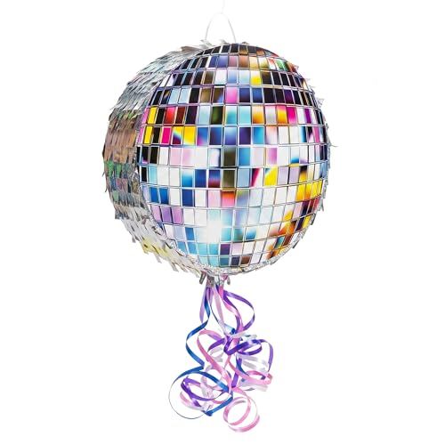 Relaxdays Pinata Diskokugel mit Stab & Maske Partypinata Kinder Geburtstagspinata zum Befüllen DxT: 30x8 cm Silber