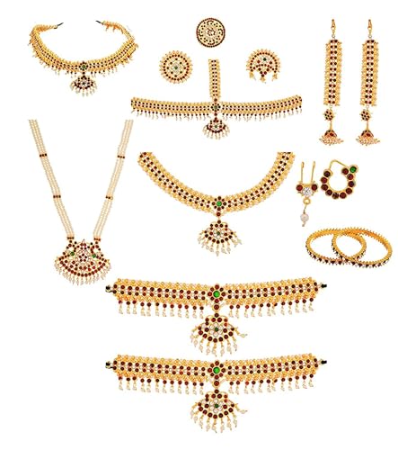 Green and Red Kemp Stones Gold Copper Complete Bharatanatyam Jewe...