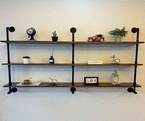 ROGMARS Industrial Pipe Wall Shelves Pipe Shelving with Real Wood Plank,70 Inches Floating Shelves for Wall Farmhouse Pipe Book Shelves Dark Brown 3Tier for Kitchen,Living Room Decor and Bar Shelving