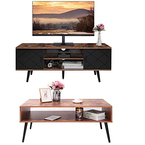 Coffee Table & Tv Stand Bundle, Tv Console Table With 2 Storage Cabinets, Cocktail Table/Sofa Table/Office Table With Storage Shelf For Living Room #TOP9