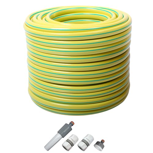 All4You Gartenschlauch 1/2 , 3/4 1 '' Zoll - Länge:20m 30m 50m Farbe: Gelb / Grün Wasserschlauch mit oder ohne 4-tlg Anschluss Set Armaturen Adapter (3/4 Zoll, Set)