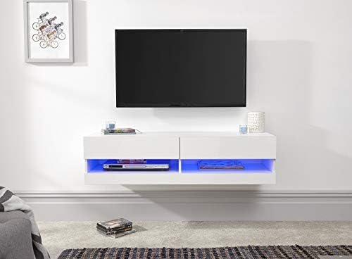 Home Source LED Wall Mounted TV Unit with High Gloss Finish, White, Two Storage Shelves