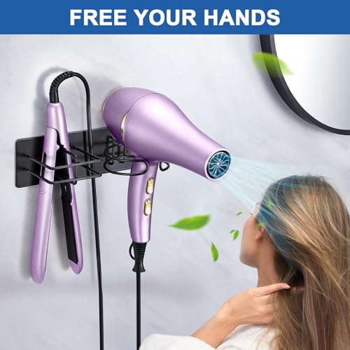 XILIMEN Hair Dryer and Straightener Holder Wall Mounted, Self Adhesive Metal Blow Dryer and Flat Iron Curler Storage Organiser Stand for Dressing Table Bathroom (Black) - Image 7
