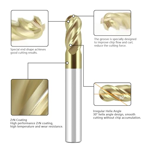 Image of 1 /8 inch Solid Carbide Ball Nose End Mill 4Flute End Mill Bits Set with ZrN Coated for Alloy Steels, Hardened Steels