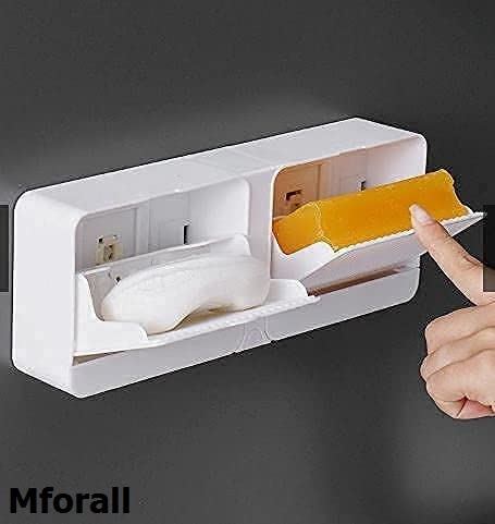 Image of Mforall Soap Box No-Drilling soap Box Wall-Mounted with Cover Double Grid-Asphalt Toilet Laundry soap New Box soap Box (2 Grid , Plastic, White)