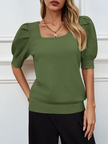 Image of Womens Puff Short Sleeve Sweater Tops Square Neck Casual Knit Pullover | Dressy Casual Blouses,Fall Shirts,Fashion Summer Clothing,Cute Spring Outfits,Work Shirts