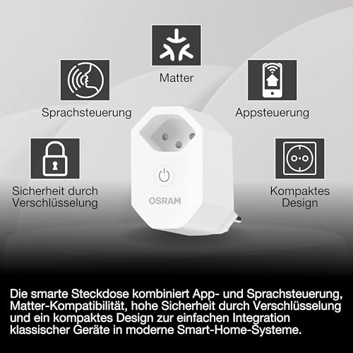 OSRAM SMART+ WIFI MATTER Intelligente CH-CH-Steckdose mit Matter over WiFi-Technologie zur Einbindung von elektrischen Geräten ins Smart Home System, IP20 für innen