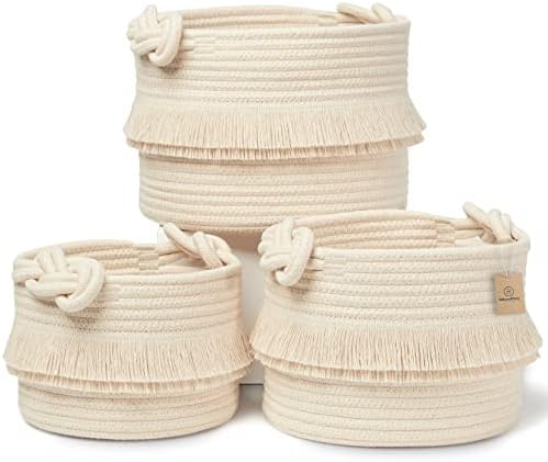 NaturalCozy 3-Piece Boho Decor Storage Basket Set – Cotton Rope W...