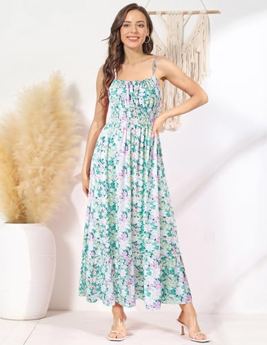 Image of GRACE KARIN Summer Dresses for Women 2026 Vacation,Smocked Floral Maxi Dresses,Boho Beach Long Sundress Green Flower XL