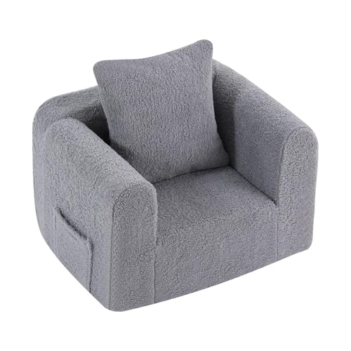 Welnow Kids Sofa with Pillow, Cozy Toddler Chair Soft Foam Seat for Reading, Children's Couch with Armrest Lightweight Comfy Kids Furniture for Bedroom, Playroom for Boys and Girls, Sherpa Grey by Welnow - Used condition - CA$62.85