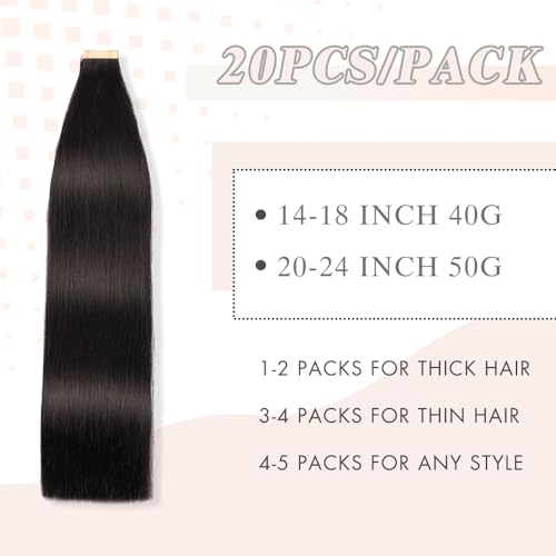 Image of Human Hair Tape in Extensions Jet Black 18 Inch 20pcs Seamless Skin Weft Tape in Hair Extensions Double Sided Remy Invisible Human Hair Straight (1#,18 Inch)