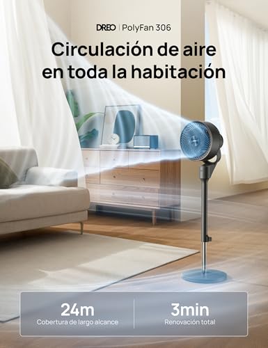 Dreo Ventilatore a Piantana Silenzioso 25dB, Oscillazione Orizzontale Automatica 80°, 3 Velocità, Portata fino a 24m, Potente con Telecomando, Inclinazione Verticale Manuale 90°, Timer 6 Ore - imagen 2