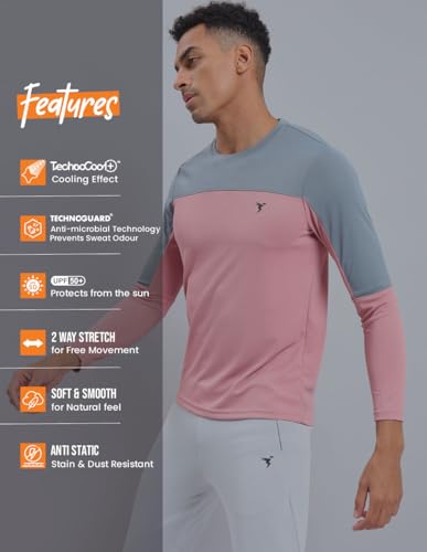 Image of TECHNOSPORT Men Colorblock Slim Fit Round Neck T-Shirt with TECHNOCOOL+ (Light Blue) Gym Tee Dry Fit T Shirt for Men Sports Top for Him