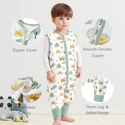 Image of Chilsuessy Toddler Sleep Sack with Feet 3-4 T, 1.0 TOG Cotton Baby Wearable Blanket with Legs, Sleep Bag Walker with 2-Way Zipper, Green & Lion