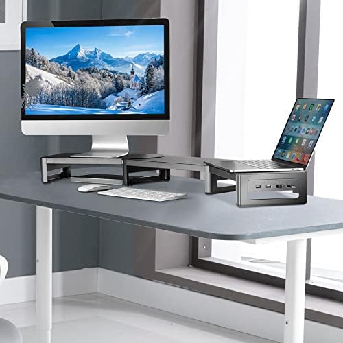meatanty Monitor Stand, Monitor Riser Stand with Adjustable Length and Angle, Computer Stand with Wireless Charging and USB Ports, Dual Monitor Stand Riser Support Data Transfer and Charging