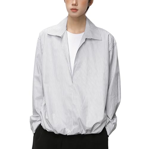 [maytopia] メンズ ロンT 長袖Tシャツ カットソー フェイクレイヤード 重ね着風 ストライプ シャツ見え スキッパー襟 Vネック プルオーバー ビッグシルエット 裾シャーリング 春秋 CX8023 (JP, アルファベット, L, ブラック) - maytopia - 商品画像