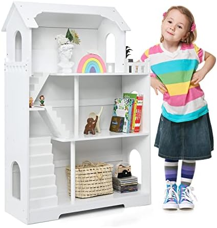 COSTWAY Kids Bookcase, 3 Tiers Wooden Dollhouse Cottage with Anti-Tip Design, Children Toy Storage Organiser Bookshelf for Playroom Bedroom