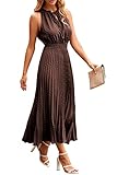 PRETTYGARDEN Women's Midi Summer Dresses Casual V Neck Swiss Dot Ruffle Sleeveless A Line Beach Sun Dress (Brown,Small)