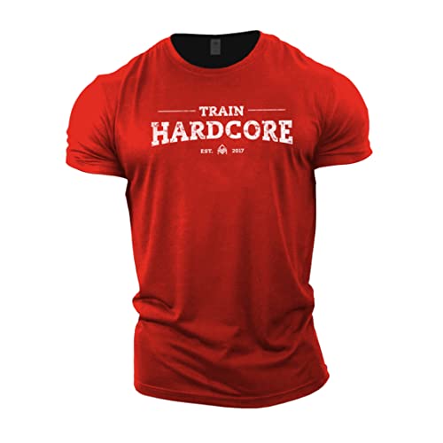 GYMTIER T-shirt de bodybuilding pour homme - Train Hardcore - Haut d'entraînement de gym, Rouge, L Cover