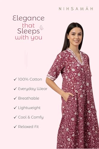 Image of NIHSAMAH Cotton Nighty for Women - Embroidered & Printed Stylish Night Gown, Comfortable Sleepwear Long Nightwear, Maxi