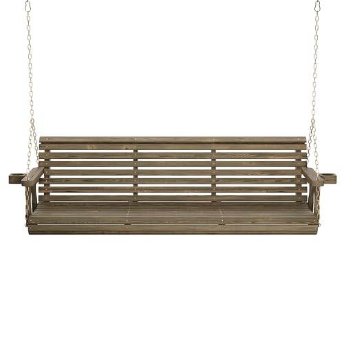 Image of Amish Casual Heavy Duty 700 Lb Capacity Porch Swing with Cup Holders (6 Foot, Dark Walnut Stain) - Wooden Outdoor Roll Back Swing with Hanging Chains - Amish Made in the USA