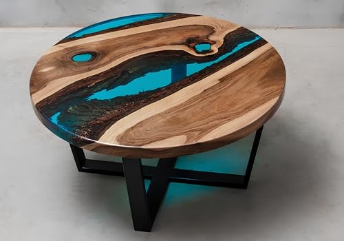 Round Coffee Table with Blue Epoxy Resin Inlay, Solid Walnut Wood Top, Black Metal Base (24' in)