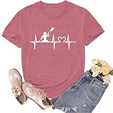 sallrue Kayaking Shirts for Women Kayak Kayaker Heartbeat Tshirts Nautical Boat Canoe Lover Tee Tops Pink