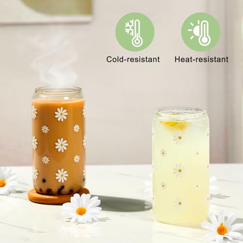 KMCCUMBER Cute Glass Matcha Cup with Lids and Straws, Teen Girl Birthday Gifts Daisy Iced Coffee Cups, Sage Green Aesthetic Mug Tumbler for Mothers Day Christmas Valentines Coffee Lover 16oz — view 4