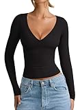 REORIA Womens Soft V Neck Long Sleeve Shirts Casual Slim Fitted Tops Double Lined 2025 Winter Fall Fashion Clothes Black